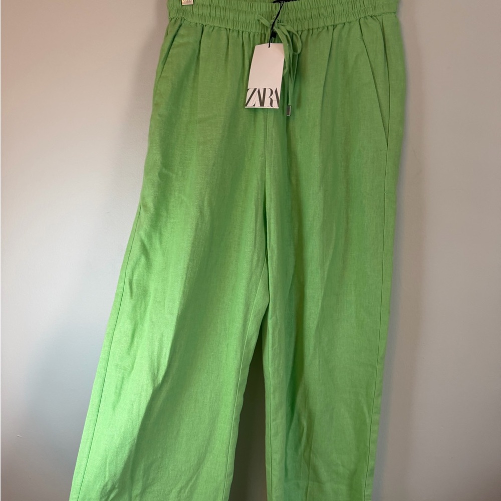 Zara Vibrant Green XS linen pants drawstring elastic waist resort NWT $48 MSRP